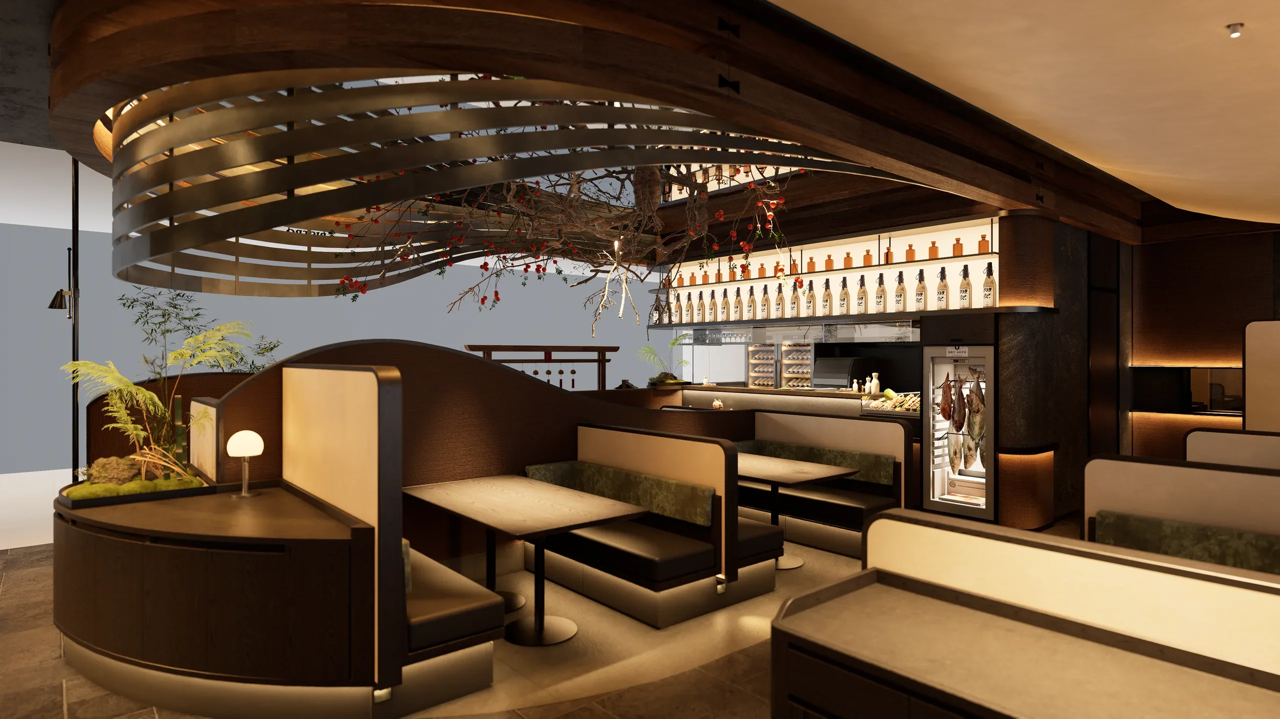 Bird Court, Ningbo MixC, Curved structures and booth seating